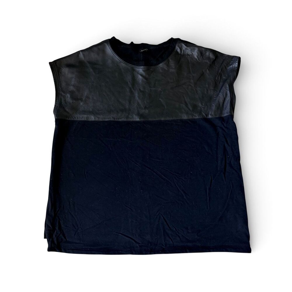 Aakasha Faux Leather Panel Top Short Sleeve Mixed Media Blouse 2XL